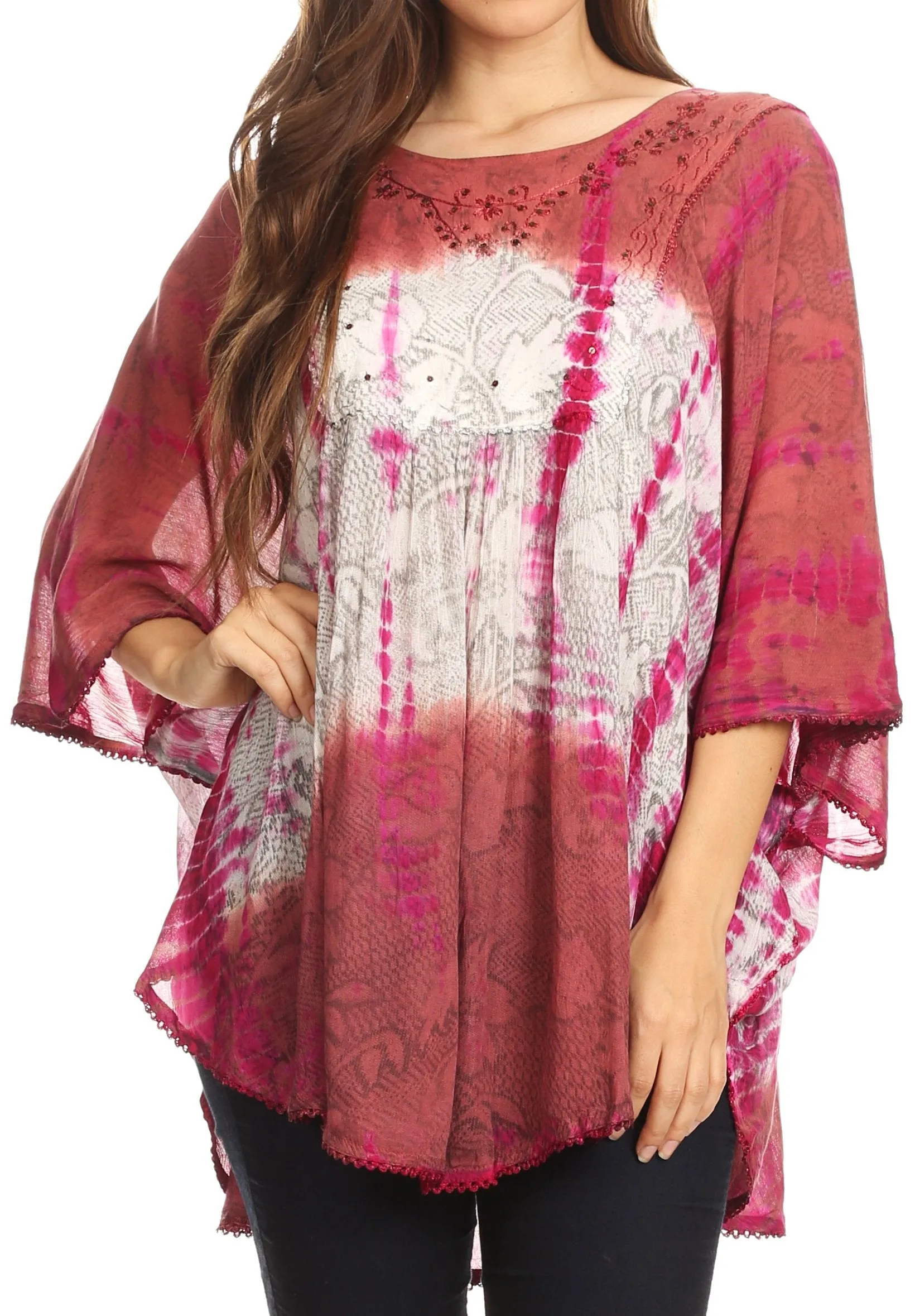 Sakkas Ellesa Ombre Tie Dye Circle Poncho Blouse Shirt Top With Sequin Embroidery