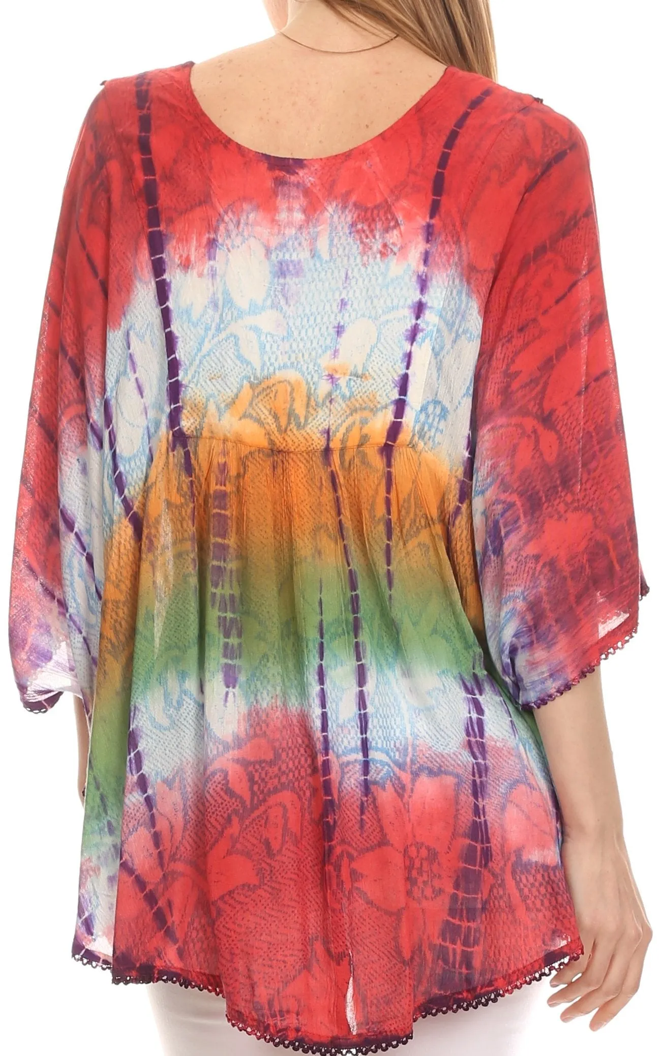 Sakkas Ellesa Ombre Tie Dye Circle Poncho Blouse Shirt Top With Sequin Embroidery