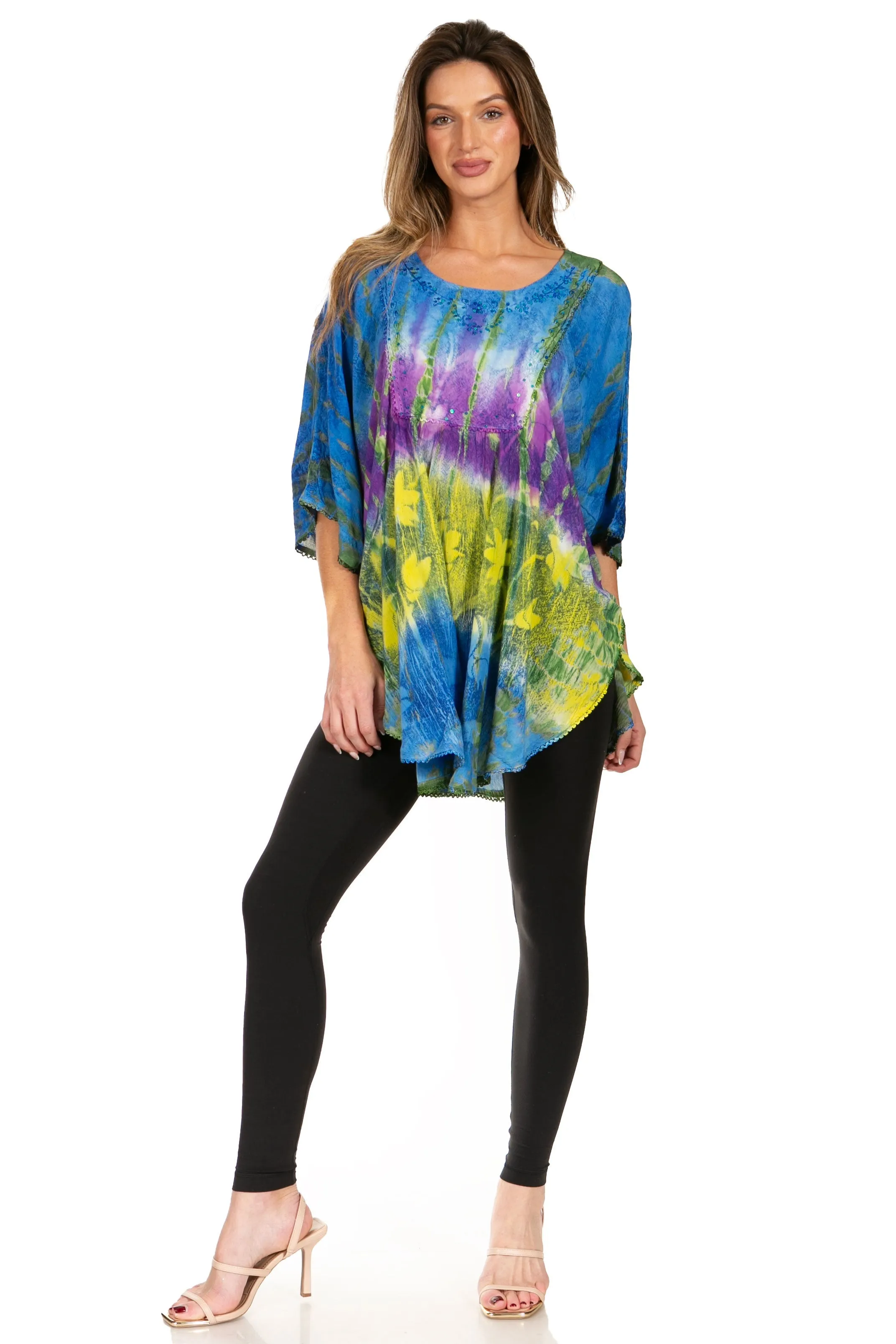 Sakkas Ellesa Ombre Tie Dye Circle Poncho Blouse Shirt Top With Sequin Embroidery