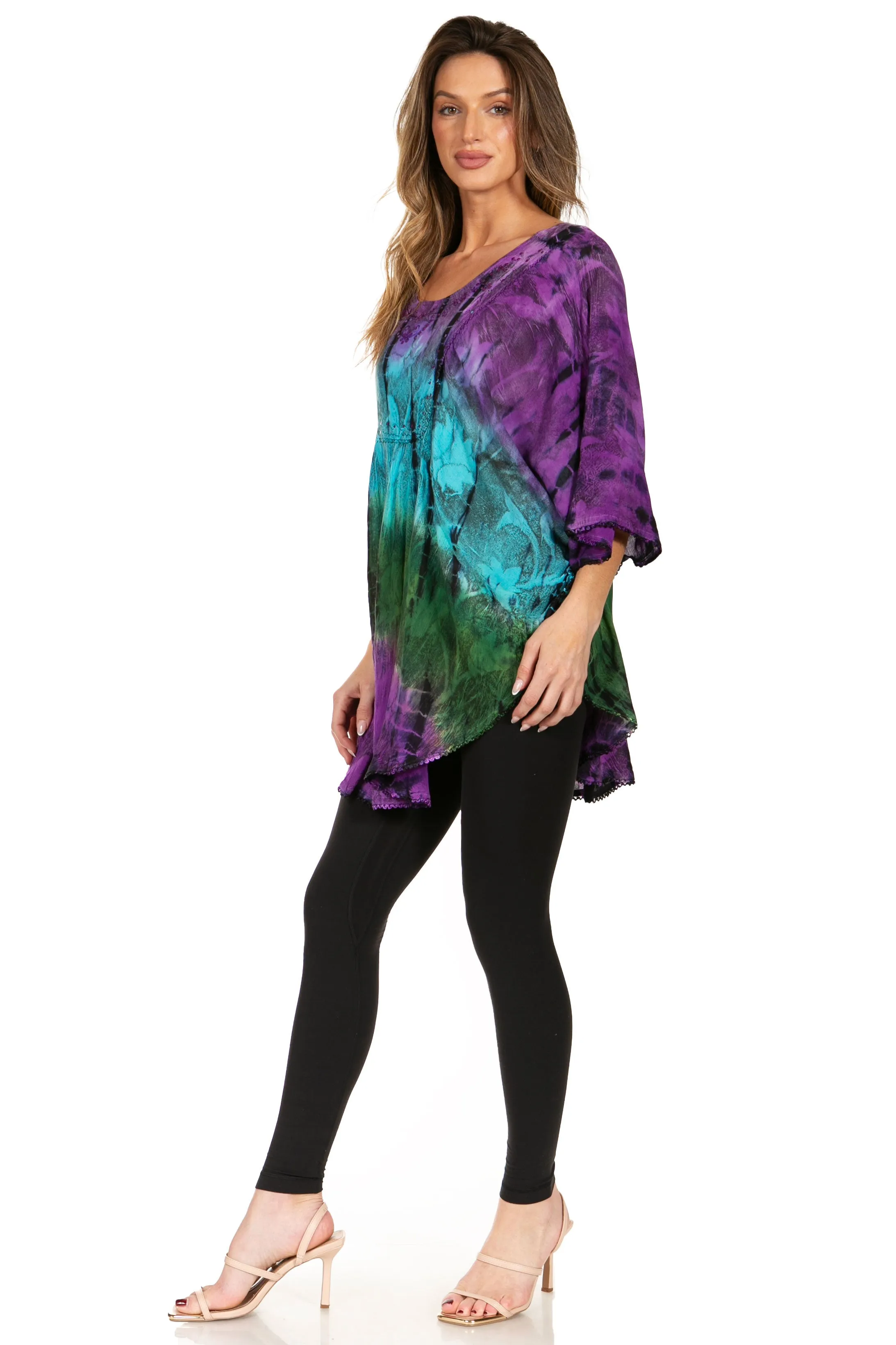 Sakkas Ellesa Ombre Tie Dye Circle Poncho Blouse Shirt Top With Sequin Embroidery