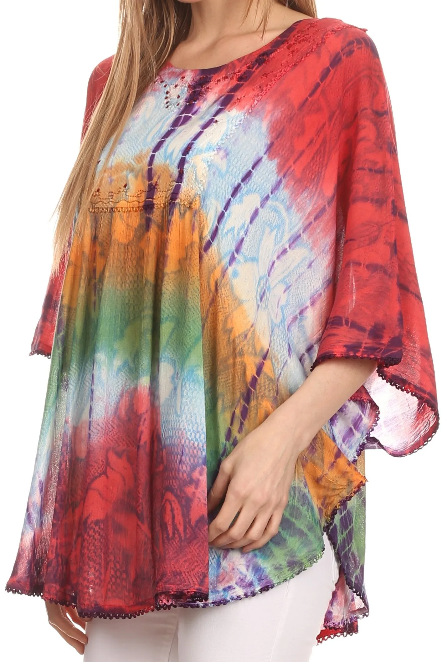 Sakkas Ellesa Ombre Tie Dye Circle Poncho Blouse Shirt Top With Sequin Embroidery