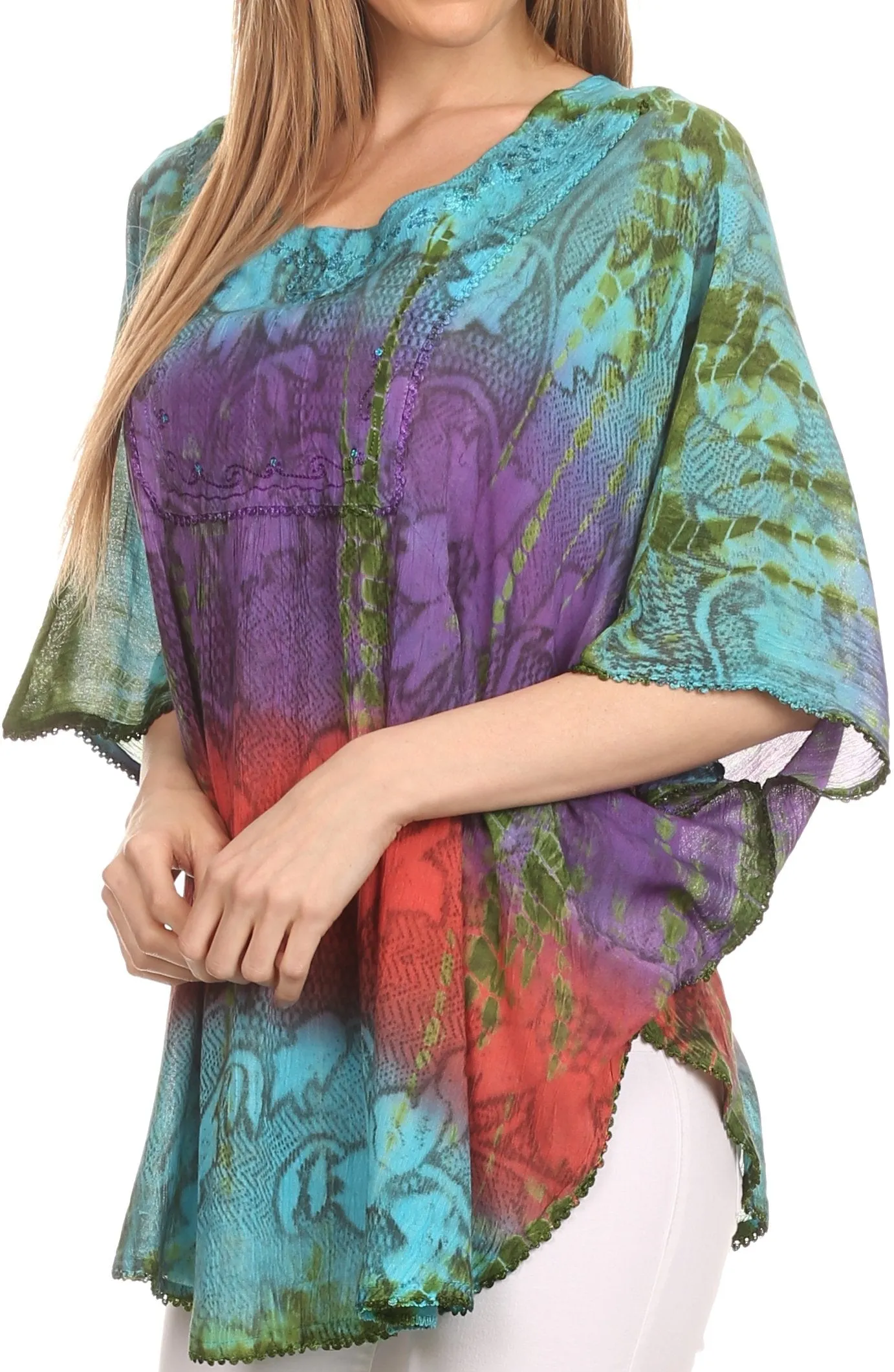 Sakkas Ellesa Ombre Tie Dye Circle Poncho Blouse Shirt Top With Sequin Embroidery