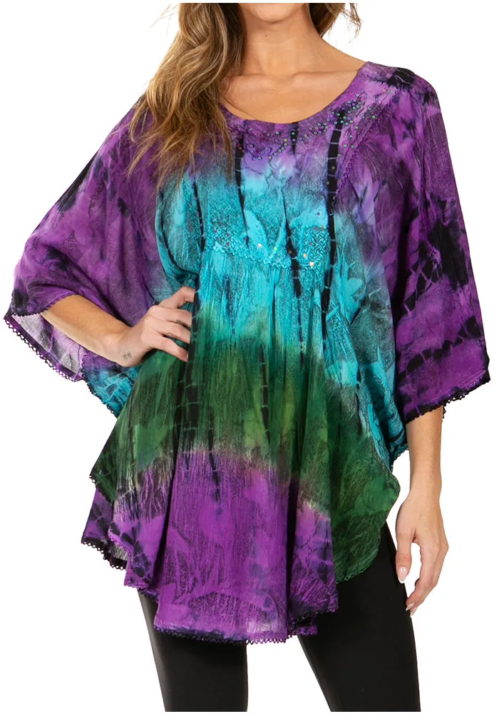 Sakkas Ellesa Ombre Tie Dye Circle Poncho Blouse Shirt Top With Sequin Embroidery