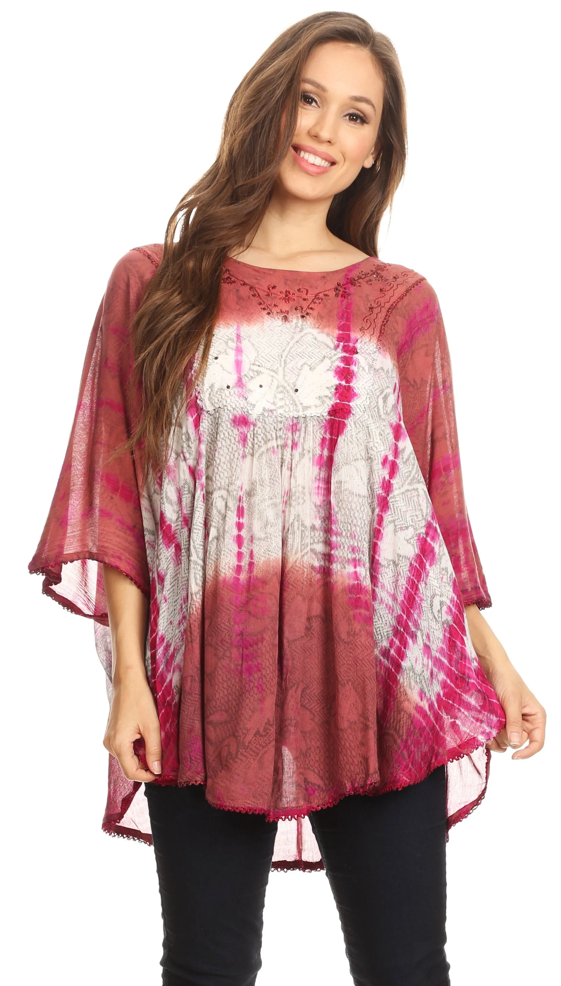 Sakkas Ellesa Ombre Tie Dye Circle Poncho Blouse Shirt Top With Sequin Embroidery