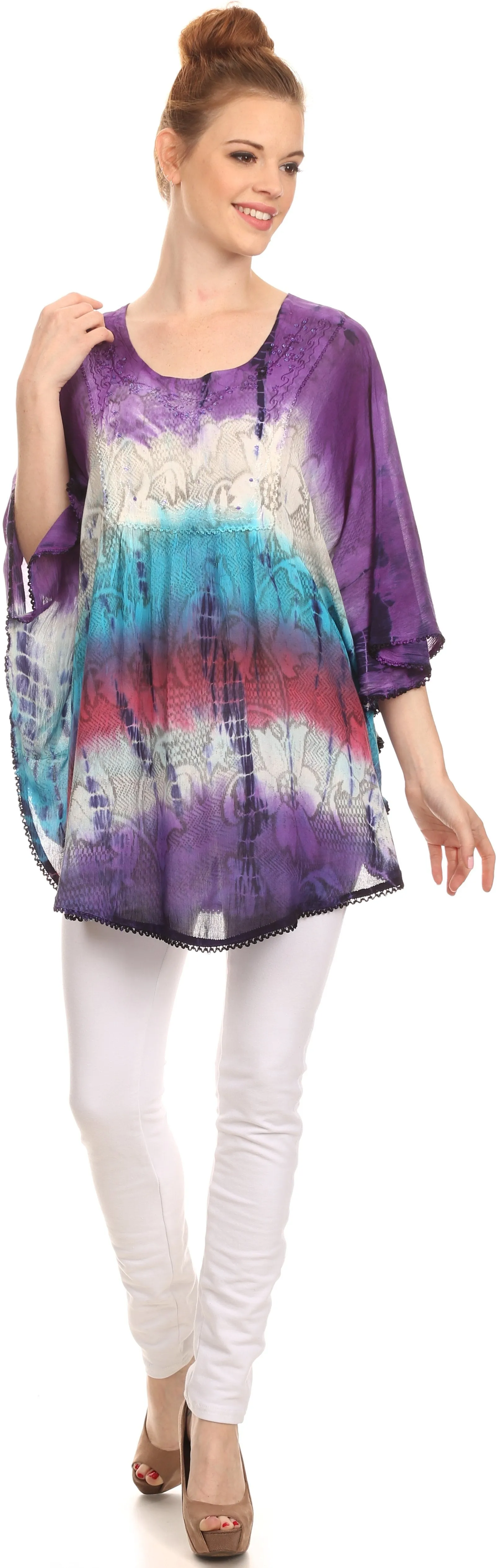 Sakkas Ellesa Ombre Tie Dye Circle Poncho Blouse Shirt Top With Sequin Embroidery