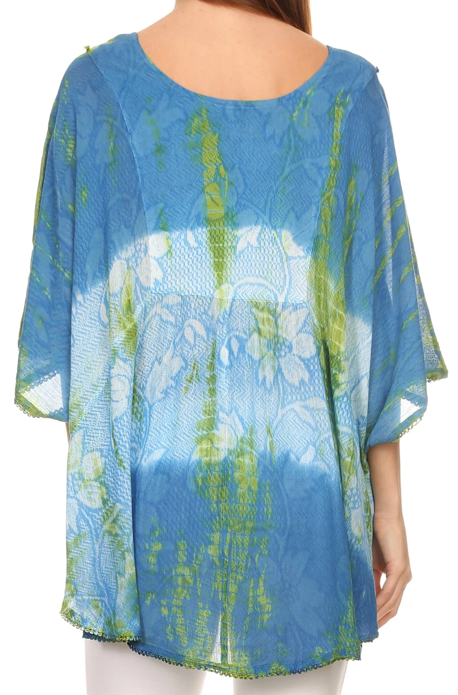 Sakkas Ellesa Ombre Tie Dye Circle Poncho Blouse Shirt Top With Sequin Embroidery