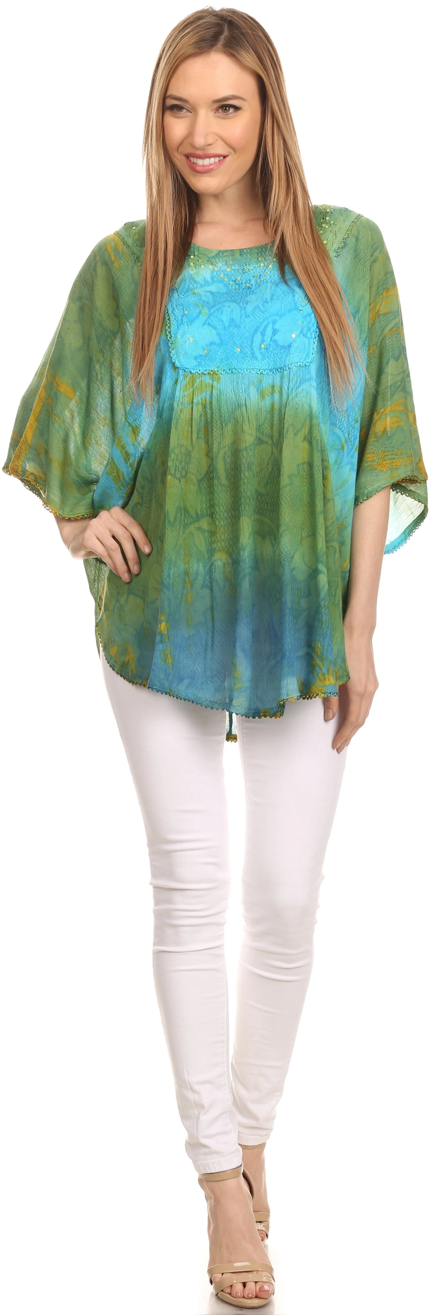 Sakkas Ellesa Ombre Tie Dye Circle Poncho Blouse Shirt Top With Sequin Embroidery