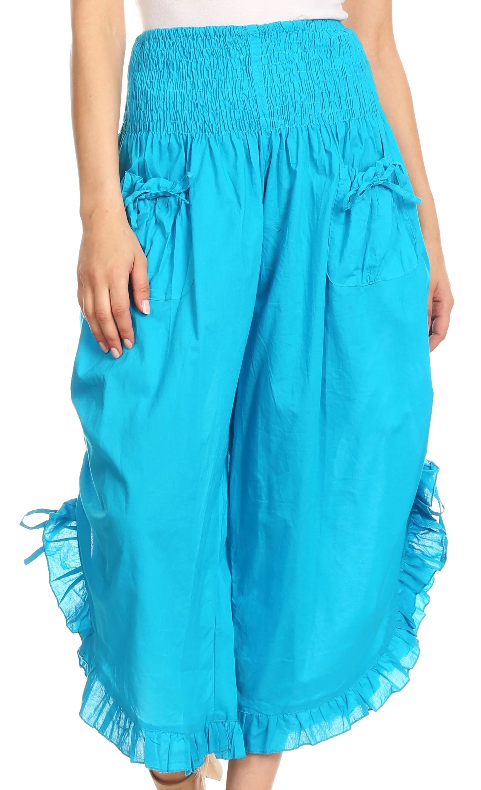 Sakkas Loore Womens Wide Leg Gaucho Pants Cotton with Pockets and Smock Waist