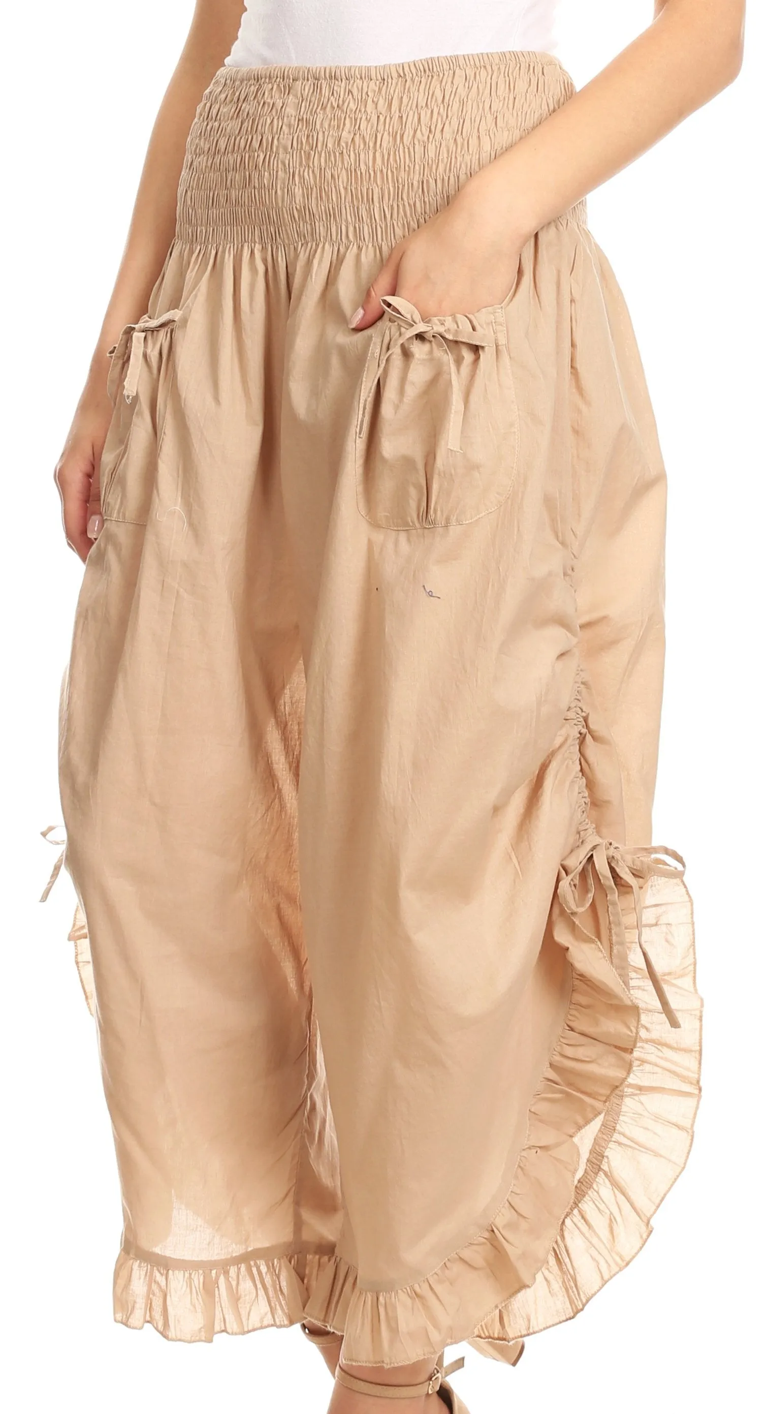 Sakkas Loore Womens Wide Leg Gaucho Pants Cotton with Pockets and Smock Waist