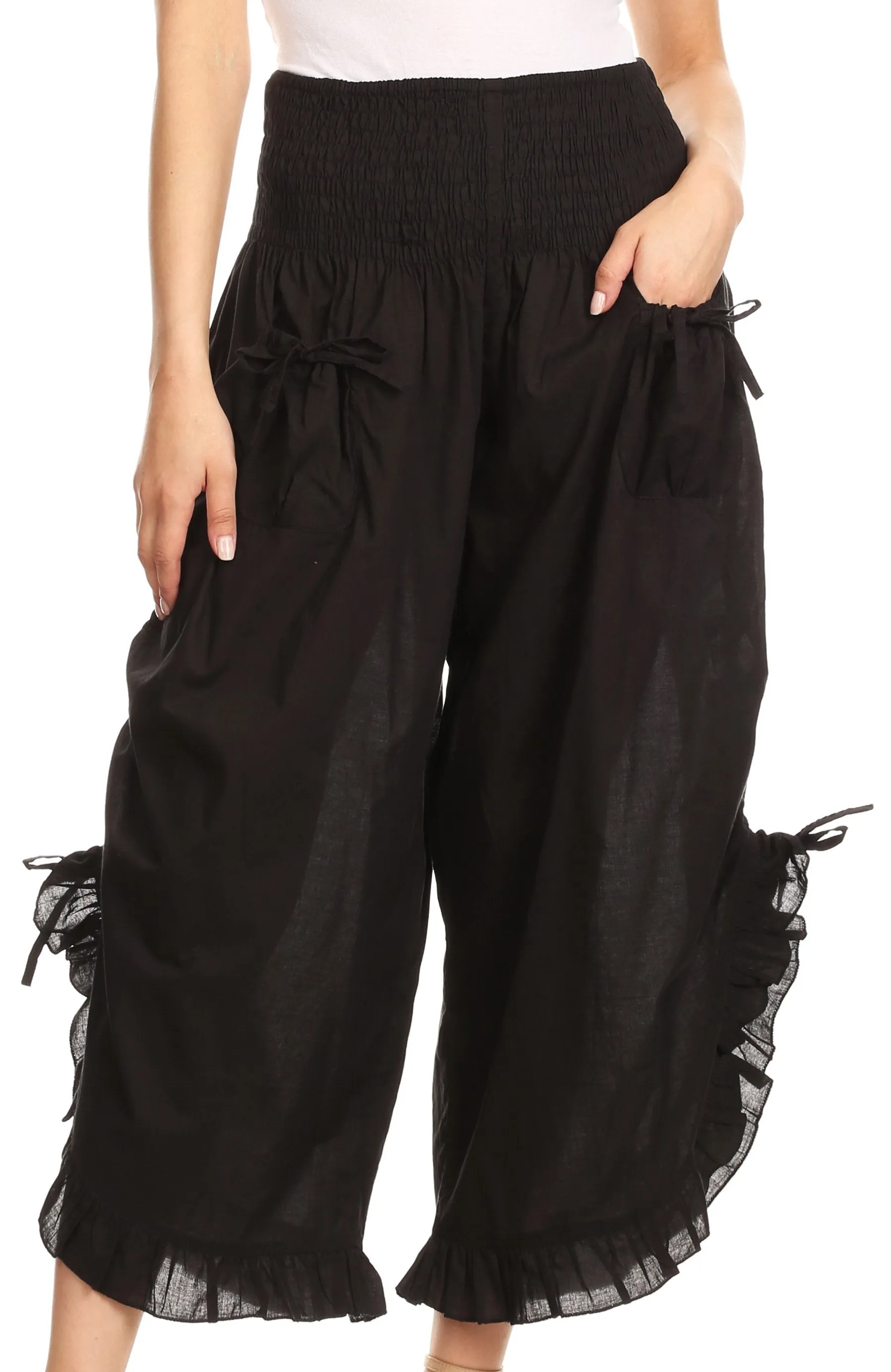 Sakkas Loore Womens Wide Leg Gaucho Pants Cotton with Pockets and Smock Waist