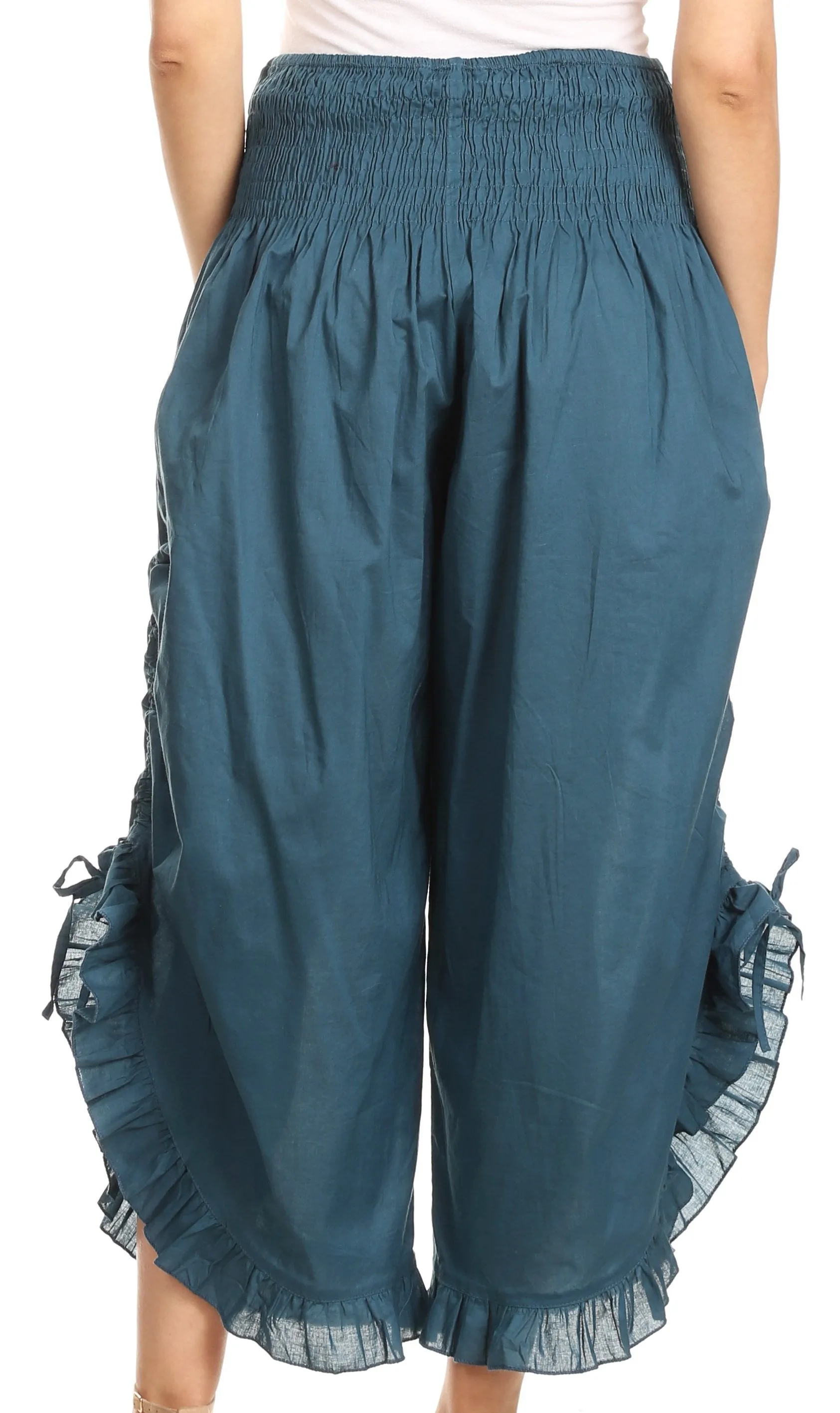 Sakkas Loore Womens Wide Leg Gaucho Pants Cotton with Pockets and Smock Waist