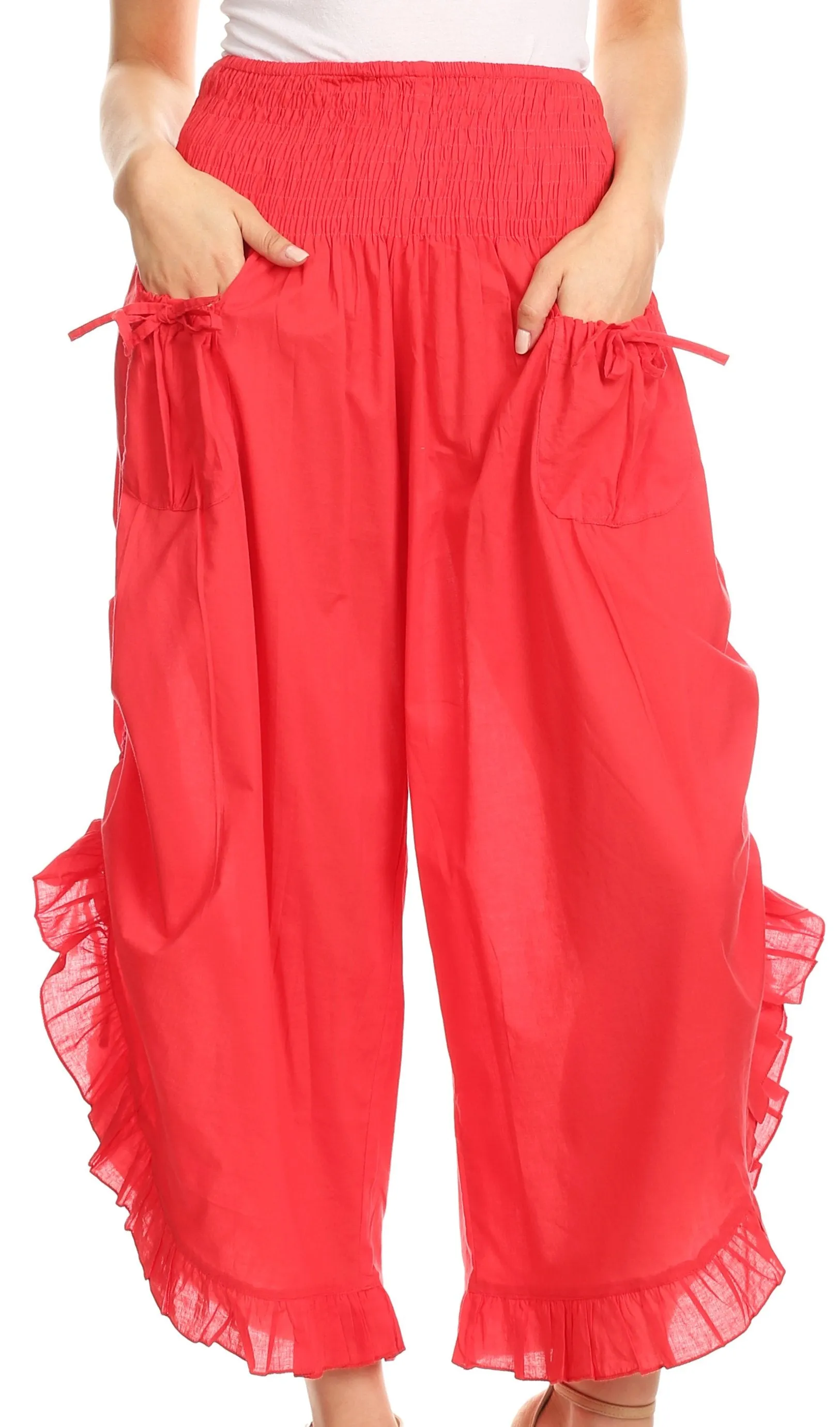 Sakkas Loore Womens Wide Leg Gaucho Pants Cotton with Pockets and Smock Waist