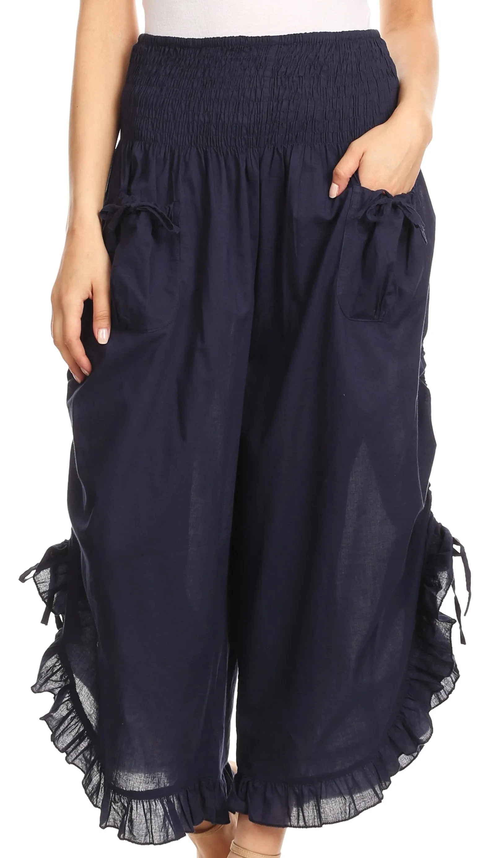 Sakkas Loore Womens Wide Leg Gaucho Pants Cotton with Pockets and Smock Waist