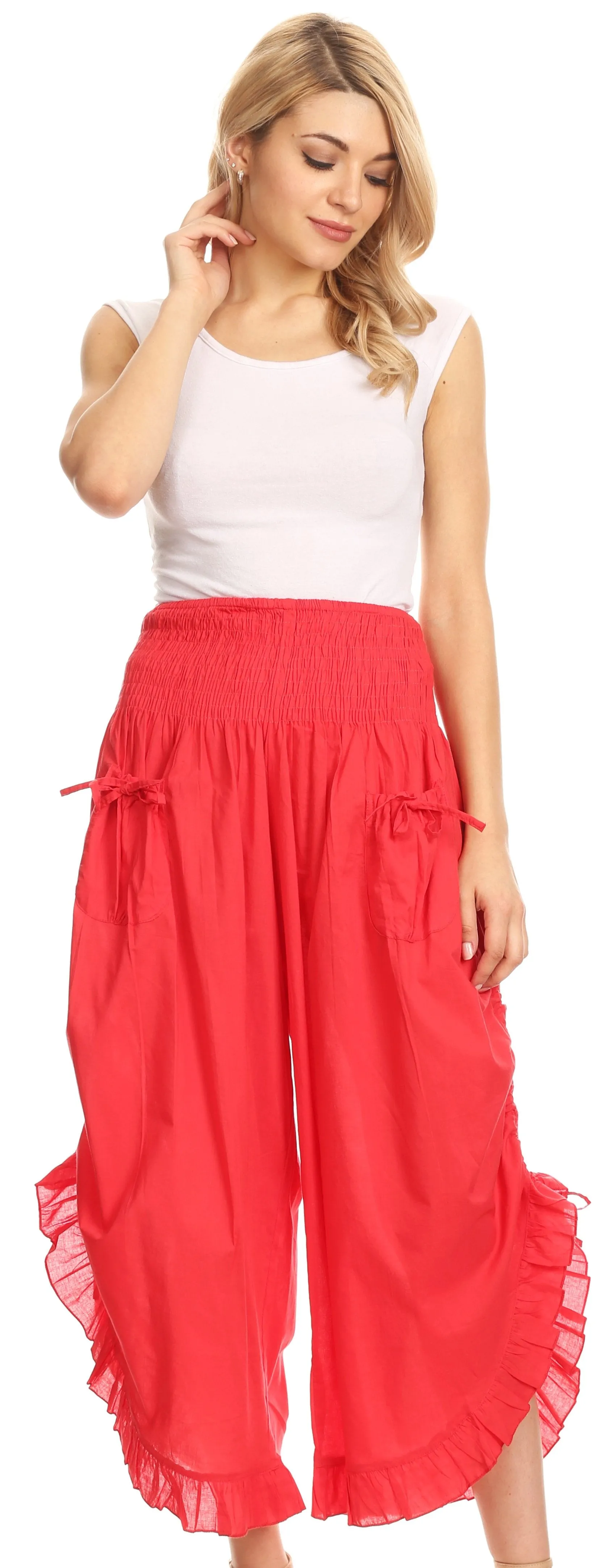 Sakkas Loore Womens Wide Leg Gaucho Pants Cotton with Pockets and Smock Waist