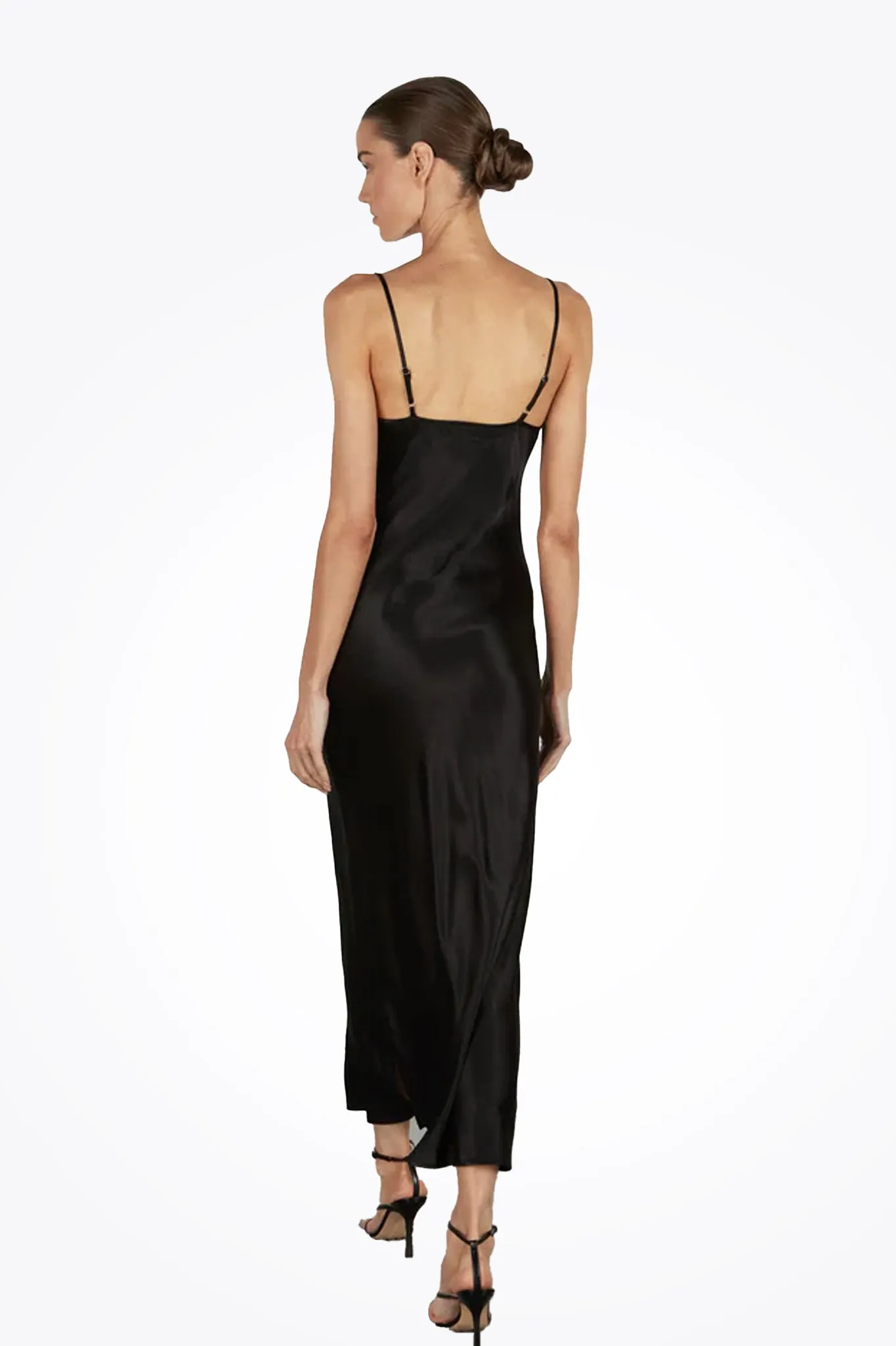 Satin Bias Cut Slip Dress - Black