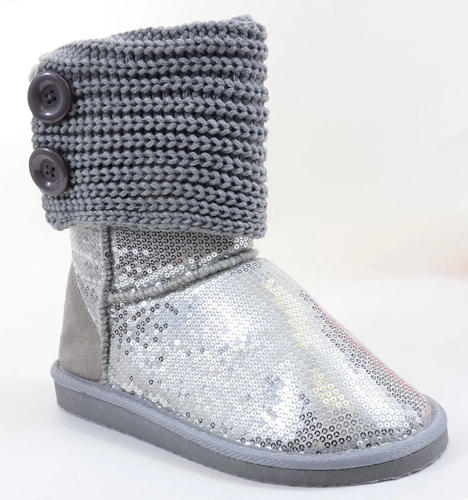 Sequin Crochet Slouchy Knit Sweater Button Flat Boot Silver