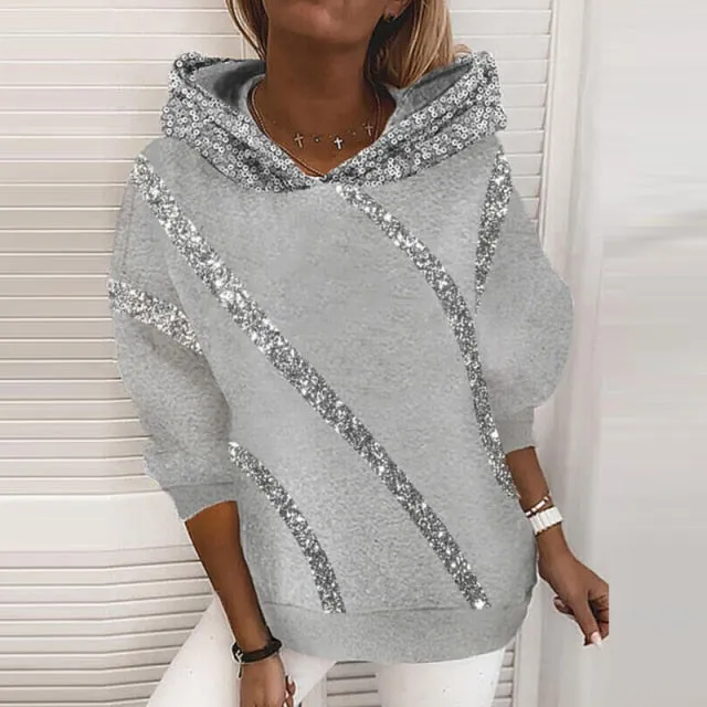 Sequin Hooded Long Sleeve Pullover Top