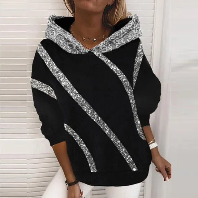 Sequin Hooded Long Sleeve Pullover Top