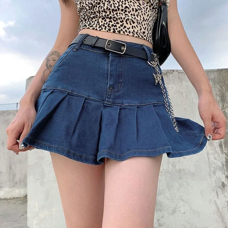 Side Slant Pocket Pleated Hem Belt Loops Denim Skort