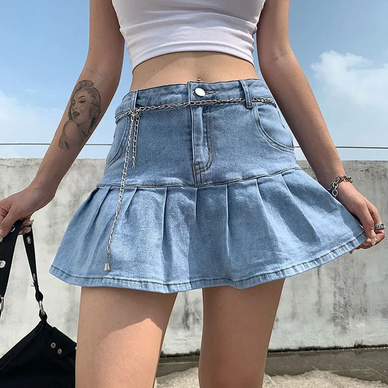 Side Slant Pocket Pleated Hem Belt Loops Denim Skort