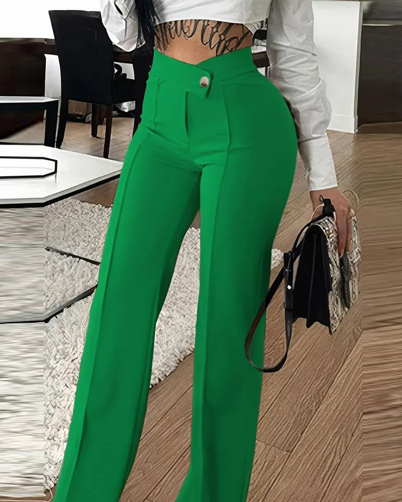 Slim Straight-leg Pants With Buckle Solid Color Trousers