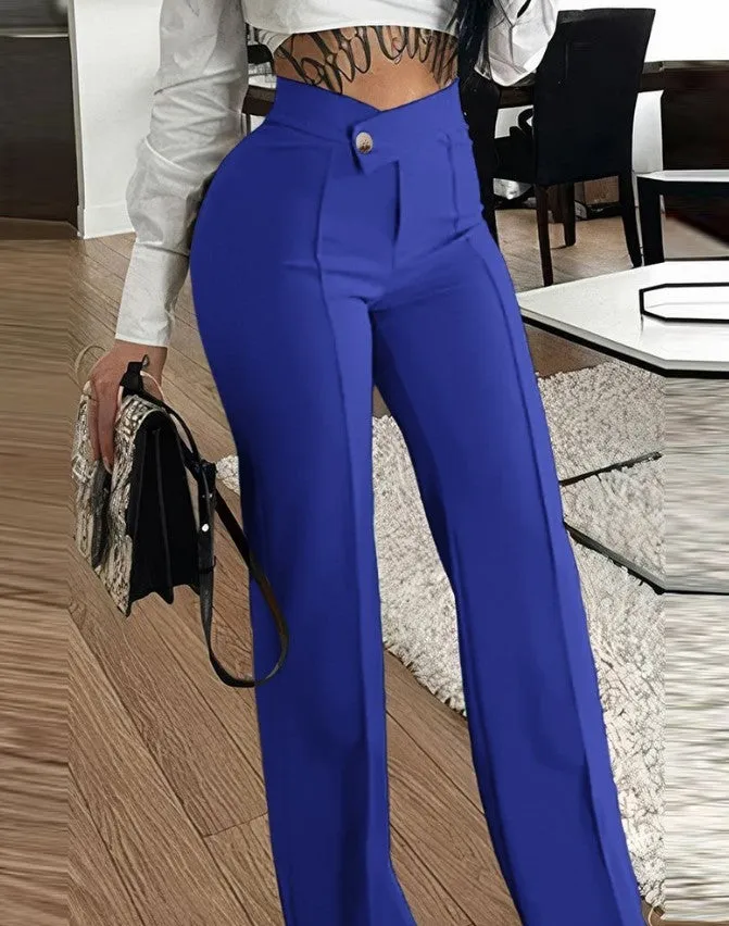 Slim Straight-leg Pants With Buckle Solid Color Trousers