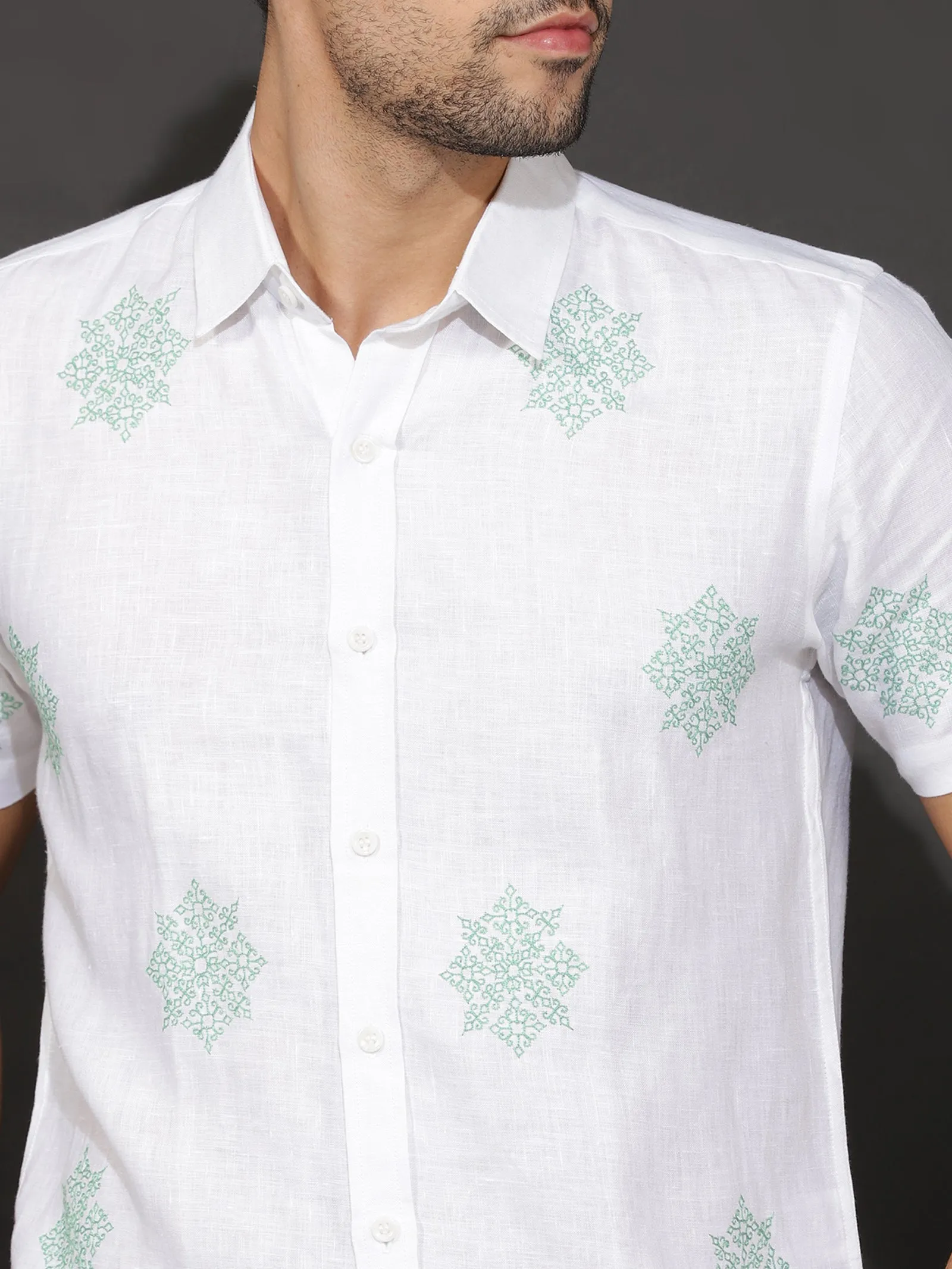 Sloan - Pure Linen Embroidered Half Sleeve Shirt - Green