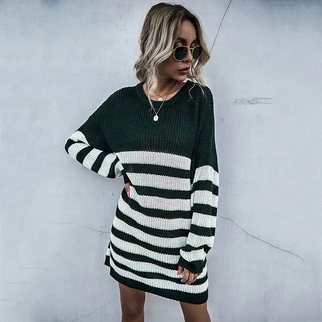 Striped Long Sleeve Knitted Sweater Dress