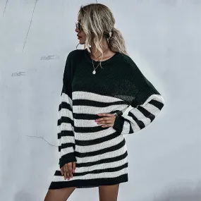 Striped Long Sleeve Knitted Sweater Dress