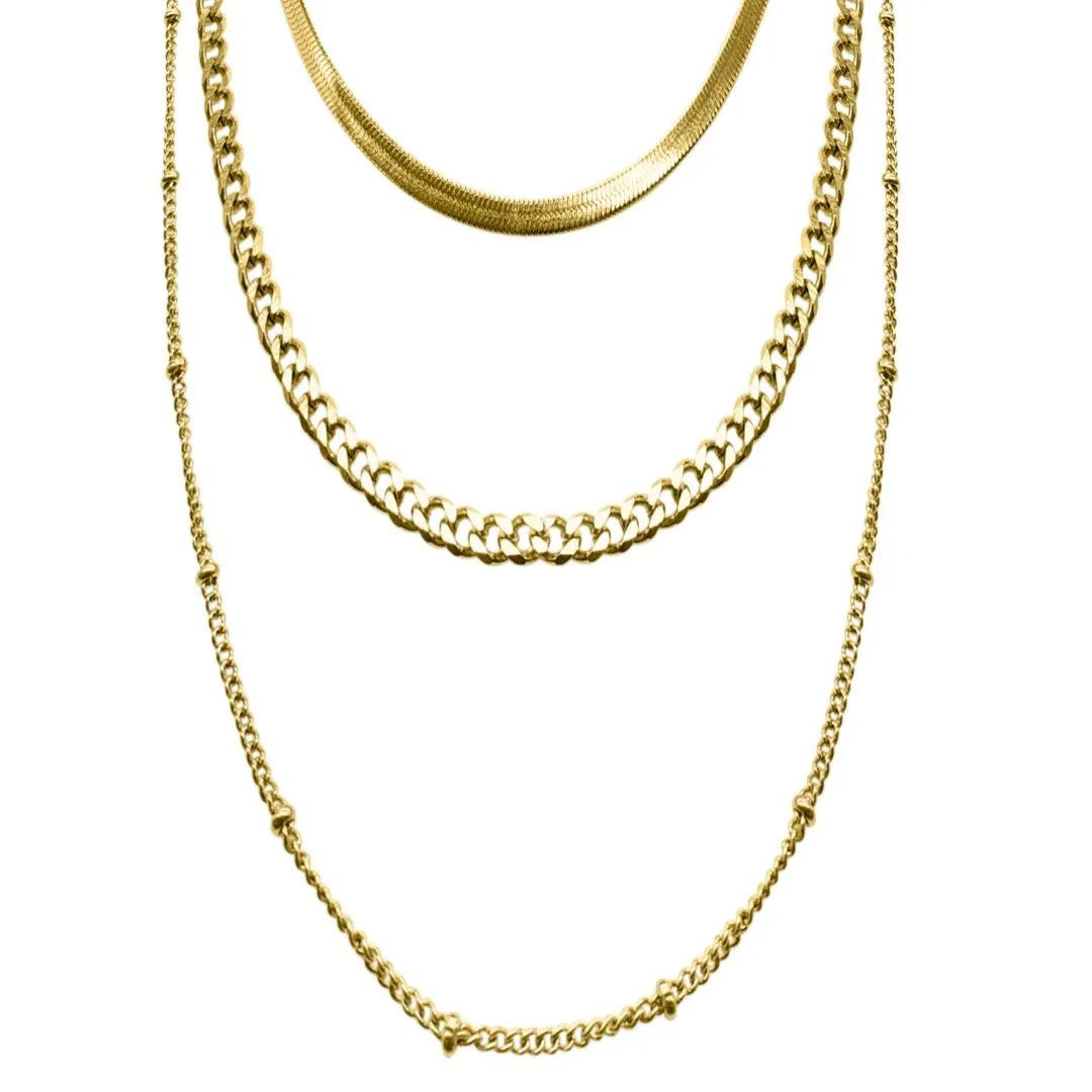 Tarnish Resistant 14k Gold Plated Triple Layered Chain Necklace