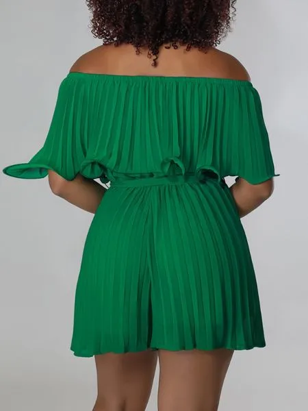 TEEK - Green Pleated Off-Shoulder Ruffled Romper