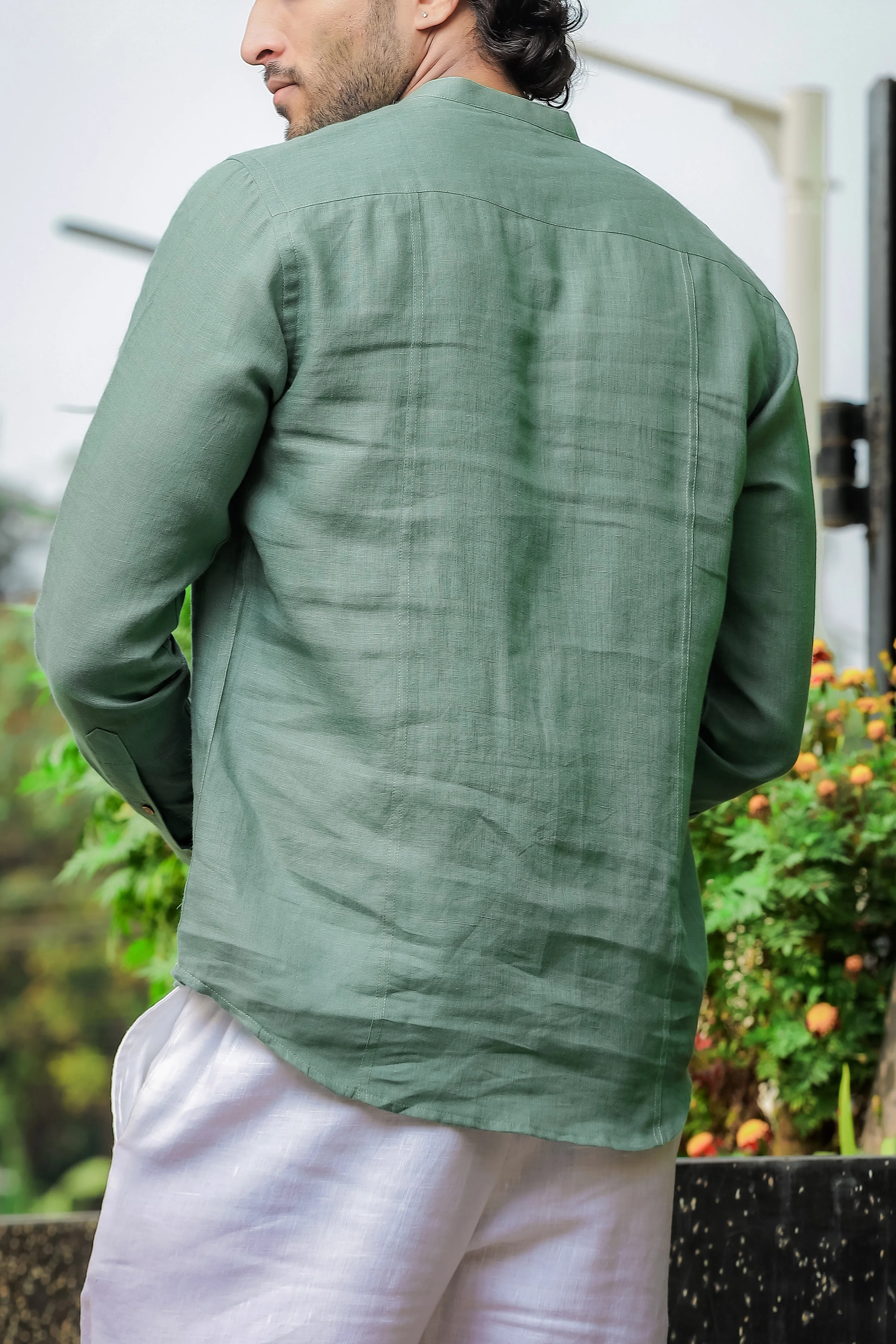 Trevor - Half Placket Pure Linen Full Sleeve Shirt - Smoke Green