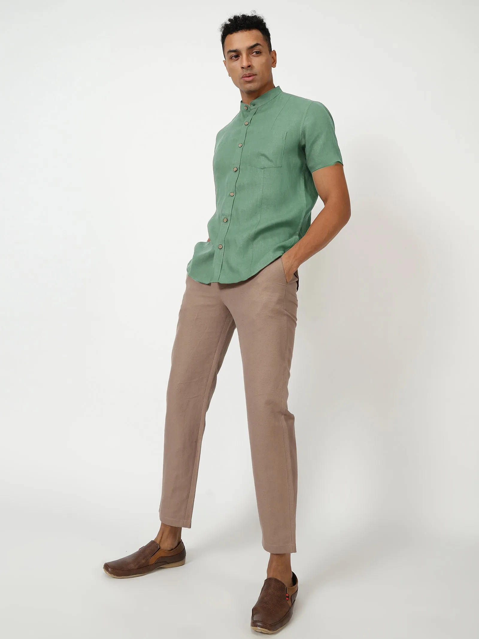 Trevor - Pure Linen Mandarin Collar Half Sleeve Shirt - Smoke Green