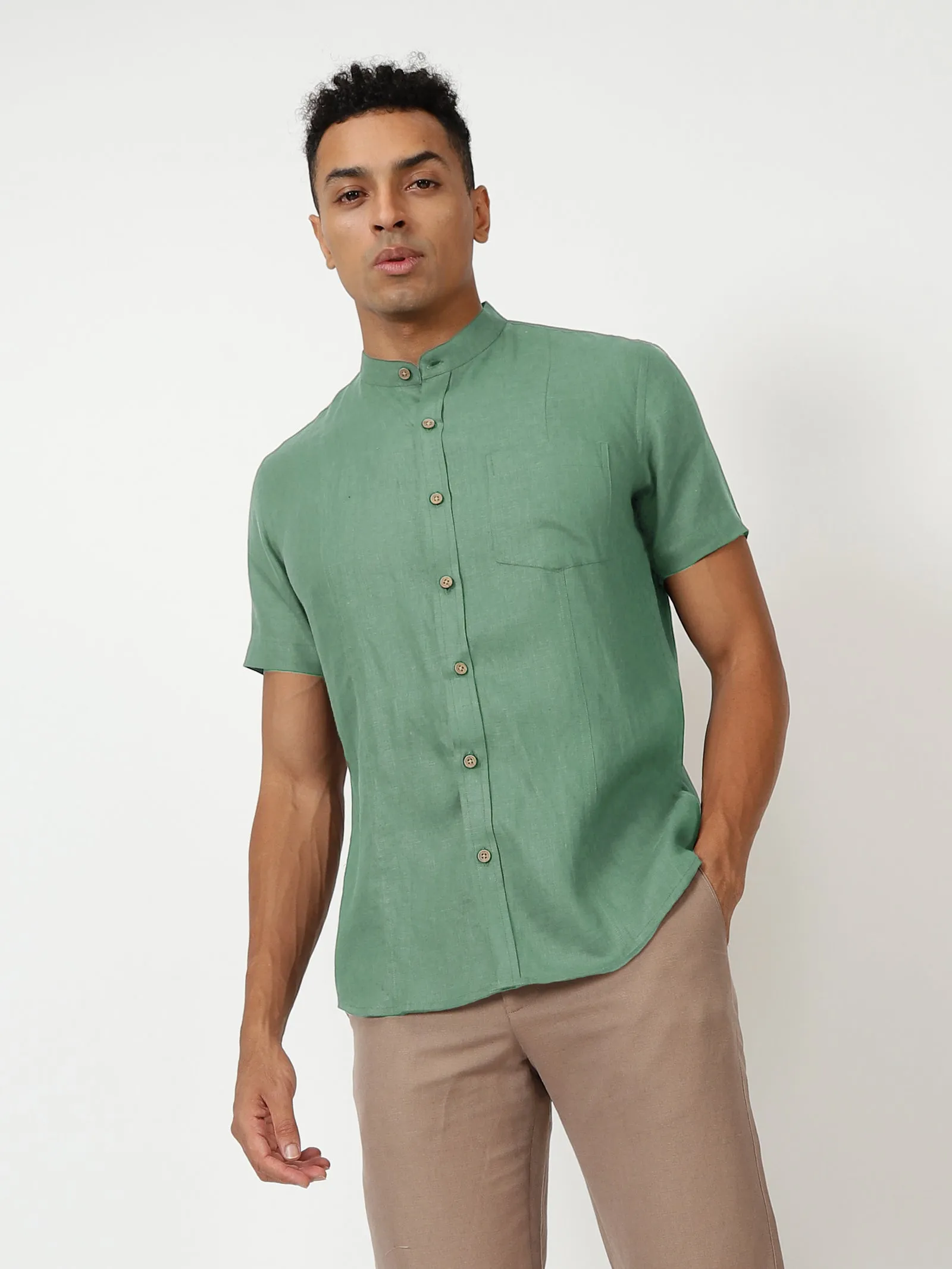 Trevor - Pure Linen Mandarin Collar Half Sleeve Shirt - Smoke Green