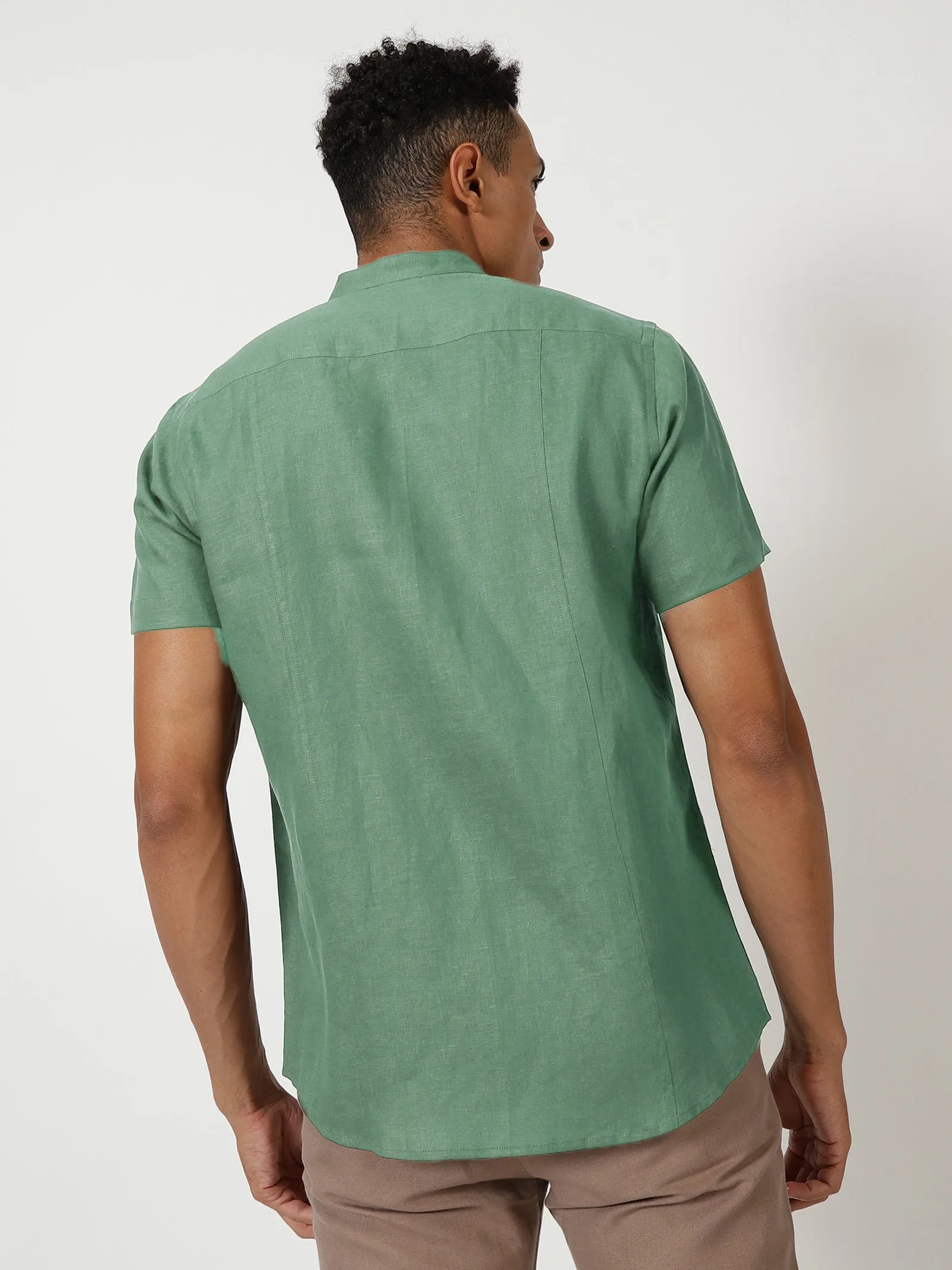 Trevor - Pure Linen Mandarin Collar Half Sleeve Shirt - Smoke Green