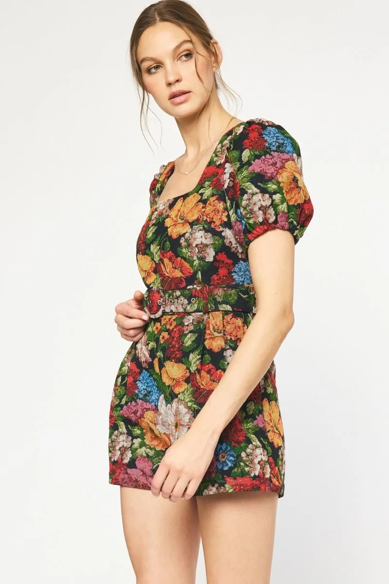 Valentina Floral Puff Sleeve Romper Black