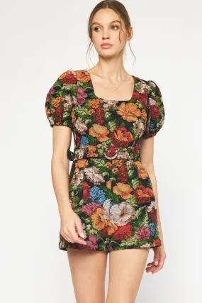 Valentina Floral Puff Sleeve Romper Black