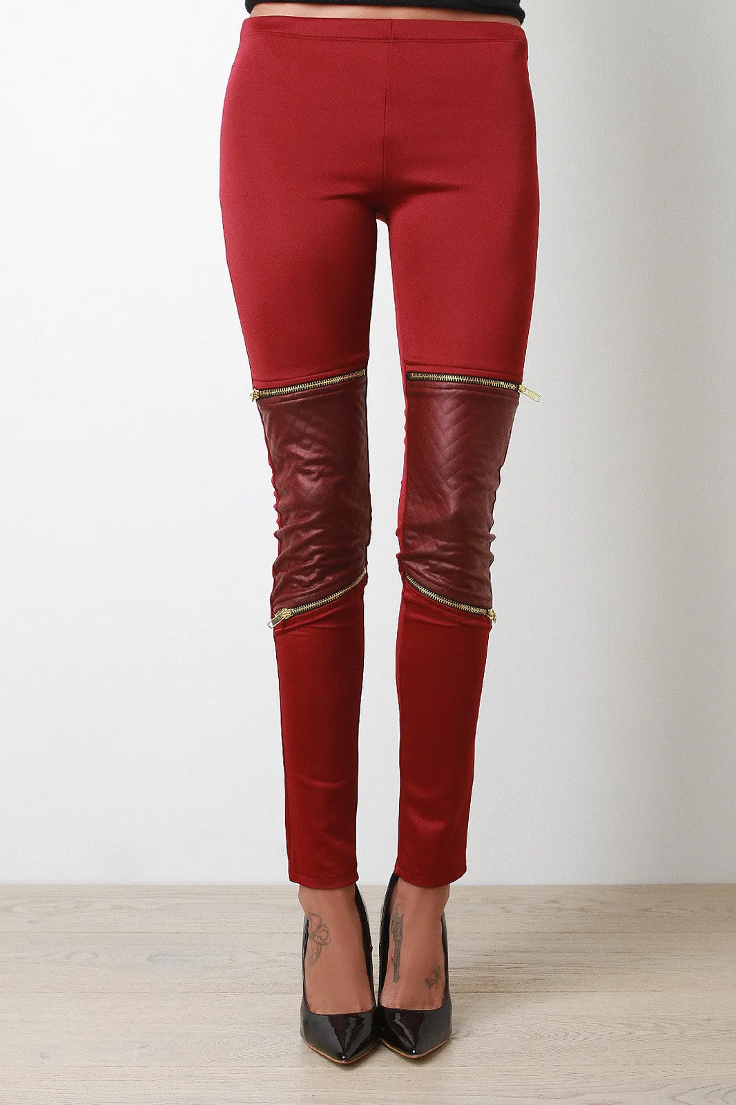 Vegan Leather Panel Zipper Leggings