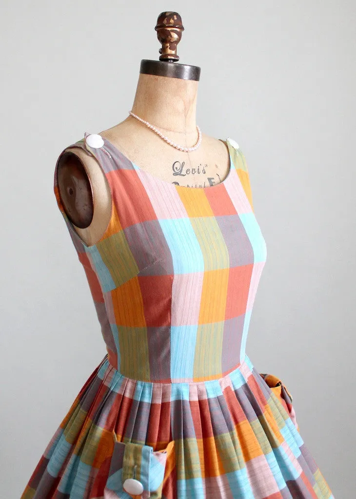 Vintage Early 1960s Windowpane Cotton Dress