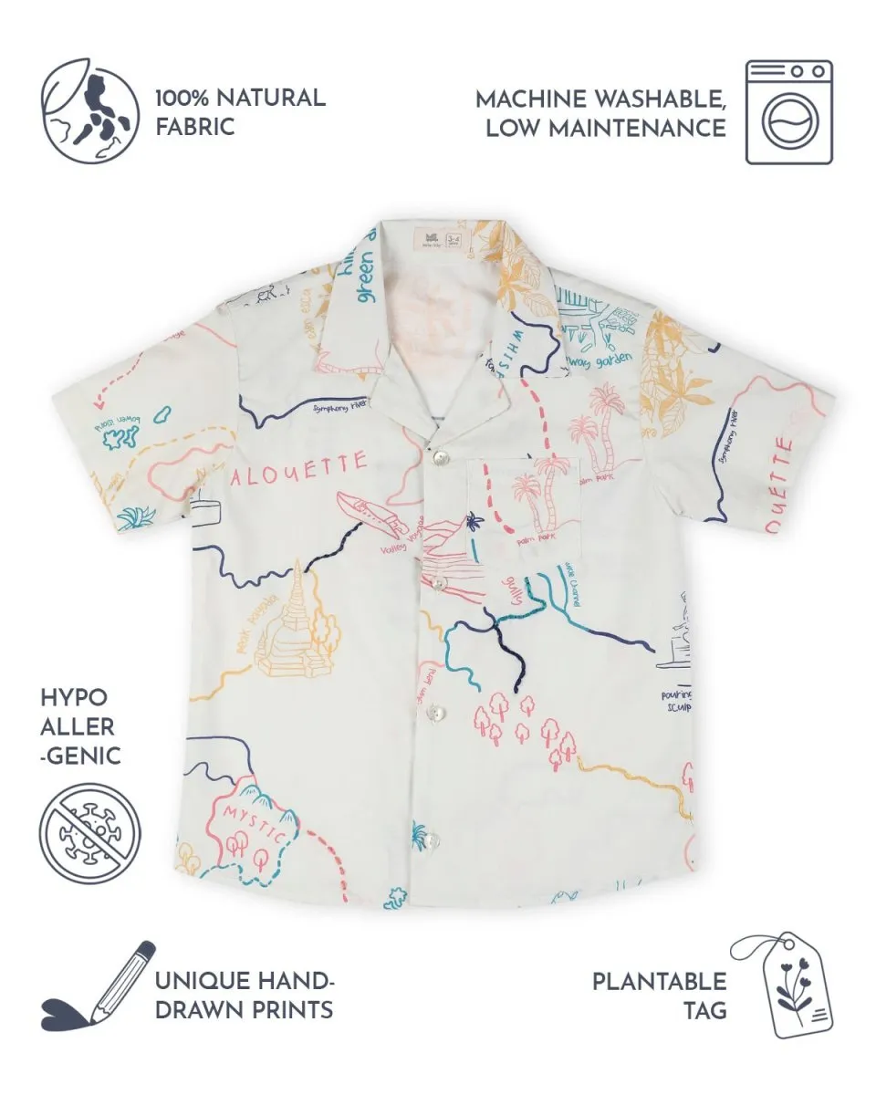 Voyager Trails Printed Cotton Shirt with Cuban Collar and Embroidery