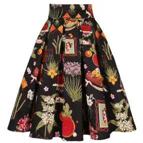 Western Girl Print High Waist Floral Pleated Skirt 50s 60s Women Summer Black Flower Rockabilly Vintage Midi Plus Size Skirts