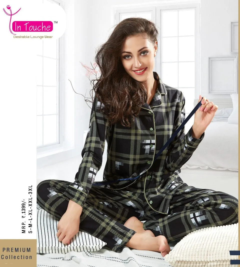 Winter Full Sleeve Green Cotton nightwear set for ladies