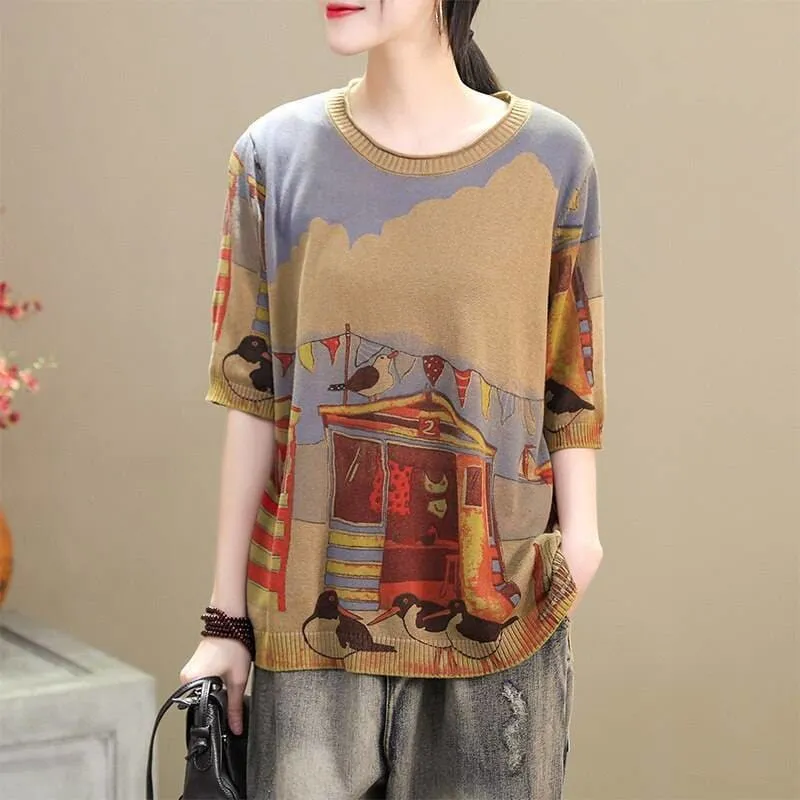 Women Cartoon Printed Round Neck Half Sleeve Loose T-shirt