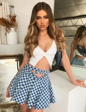 Women Clothing Pleated Skirt Denim Skirt Hollow Out Cutout High Waist Tie Neck Plaid Printed Short Skirt