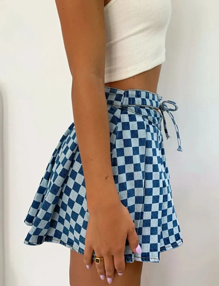 Women Clothing Pleated Skirt Denim Skirt Hollow Out Cutout High Waist Tie Neck Plaid Printed Short Skirt