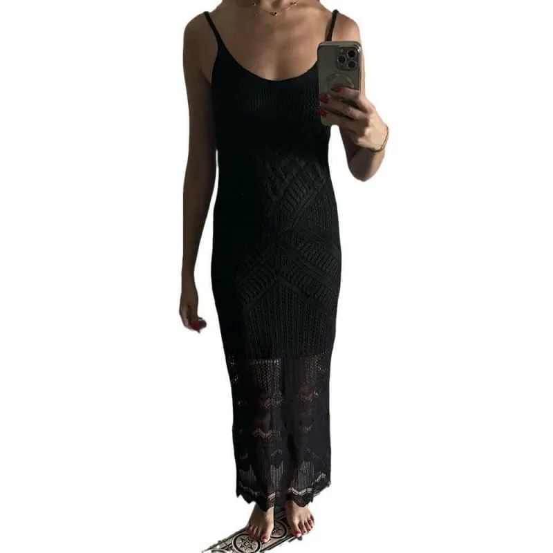 Women’s Bohemian Knitted Long Dress with Lace Patterns