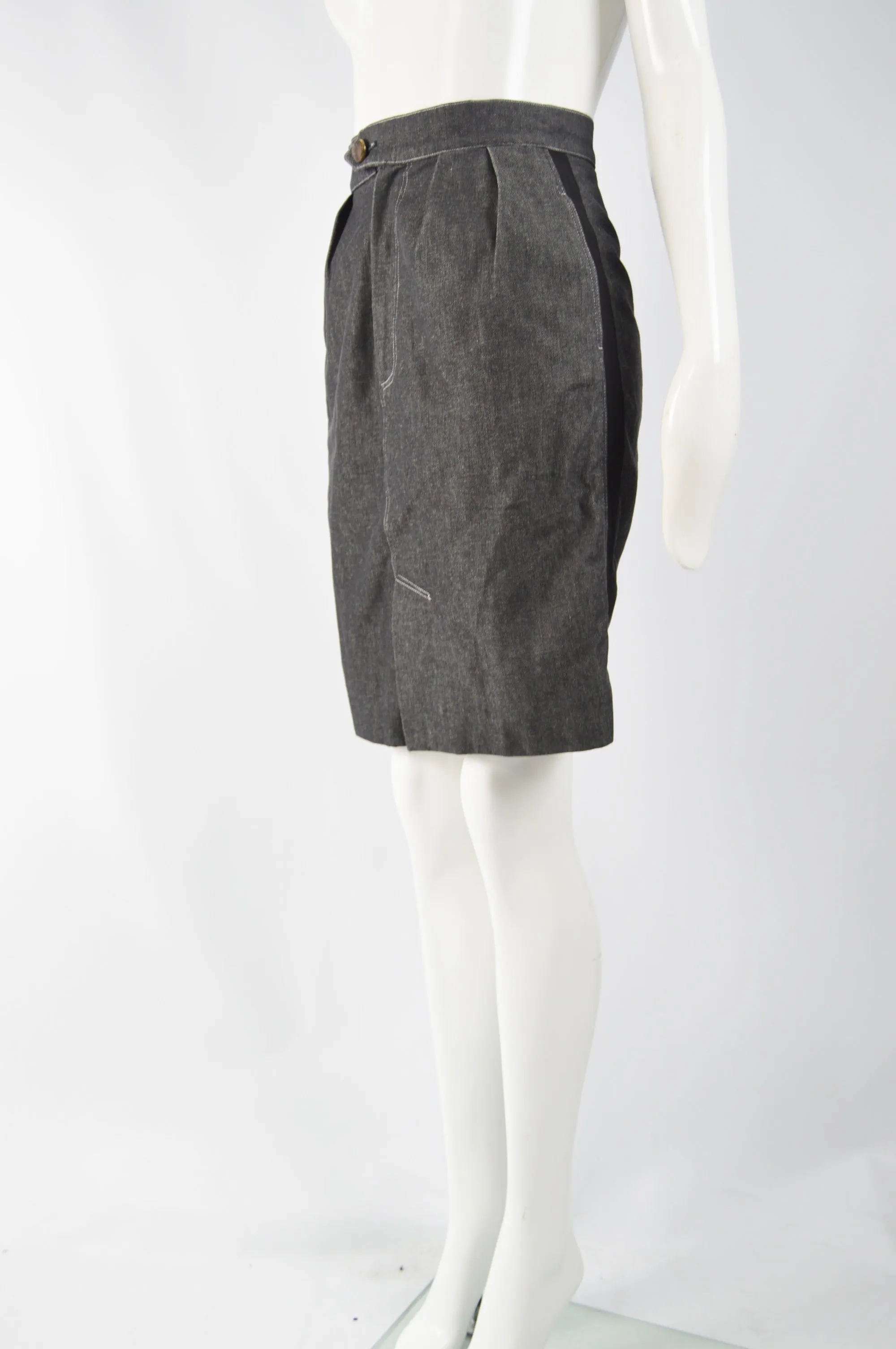 Womens Vintage Grey Denim & Grosgrain Skirt, 1980s