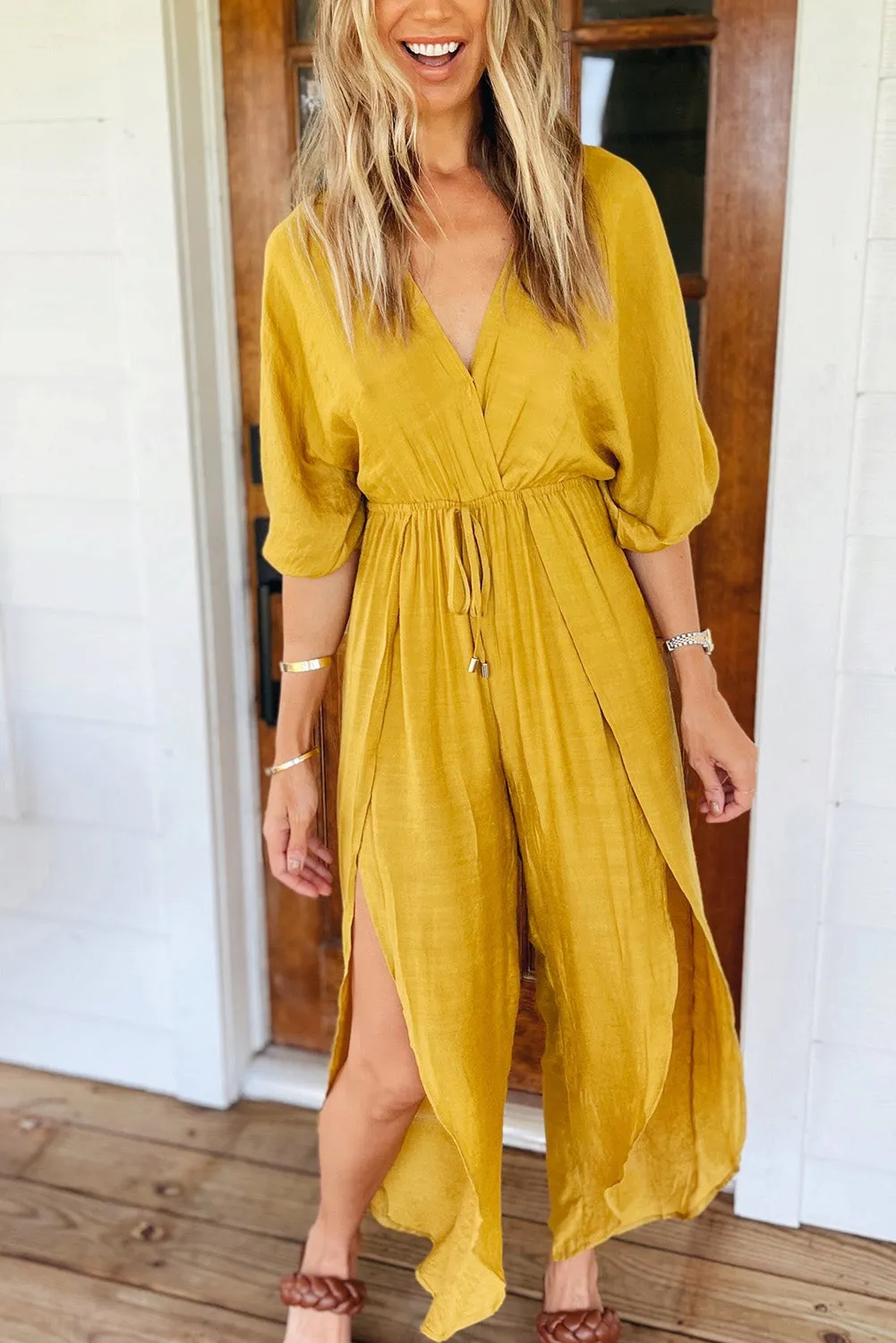 Yellow V Neck Half Sleeves Slit Leg Jumpsuit