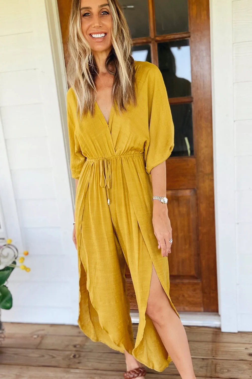 Yellow V Neck Half Sleeves Slit Leg Jumpsuit