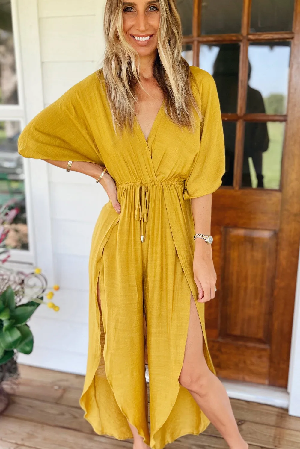 Yellow V Neck Half Sleeves Slit Leg Jumpsuit